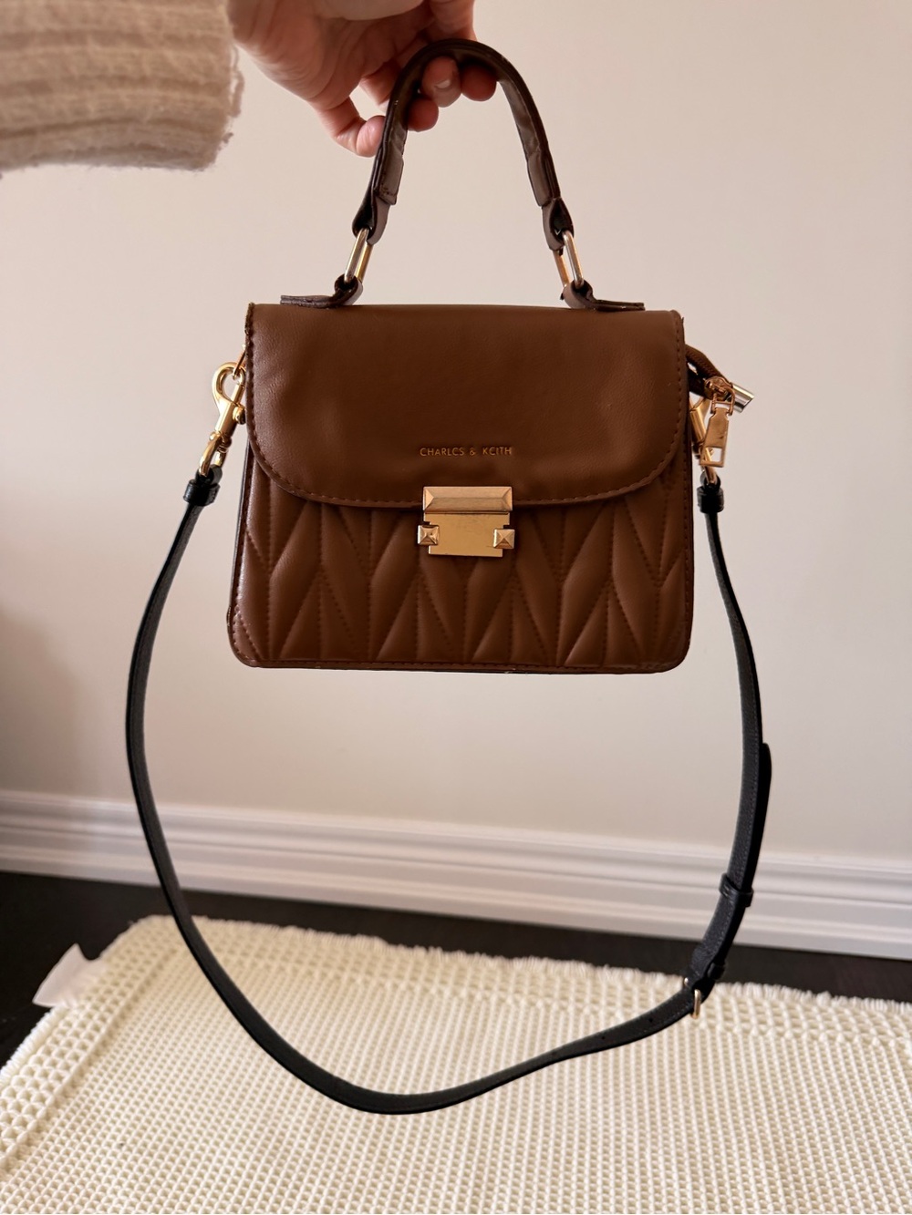 Charles & Keith Tan Quilted Top-Handle Bag